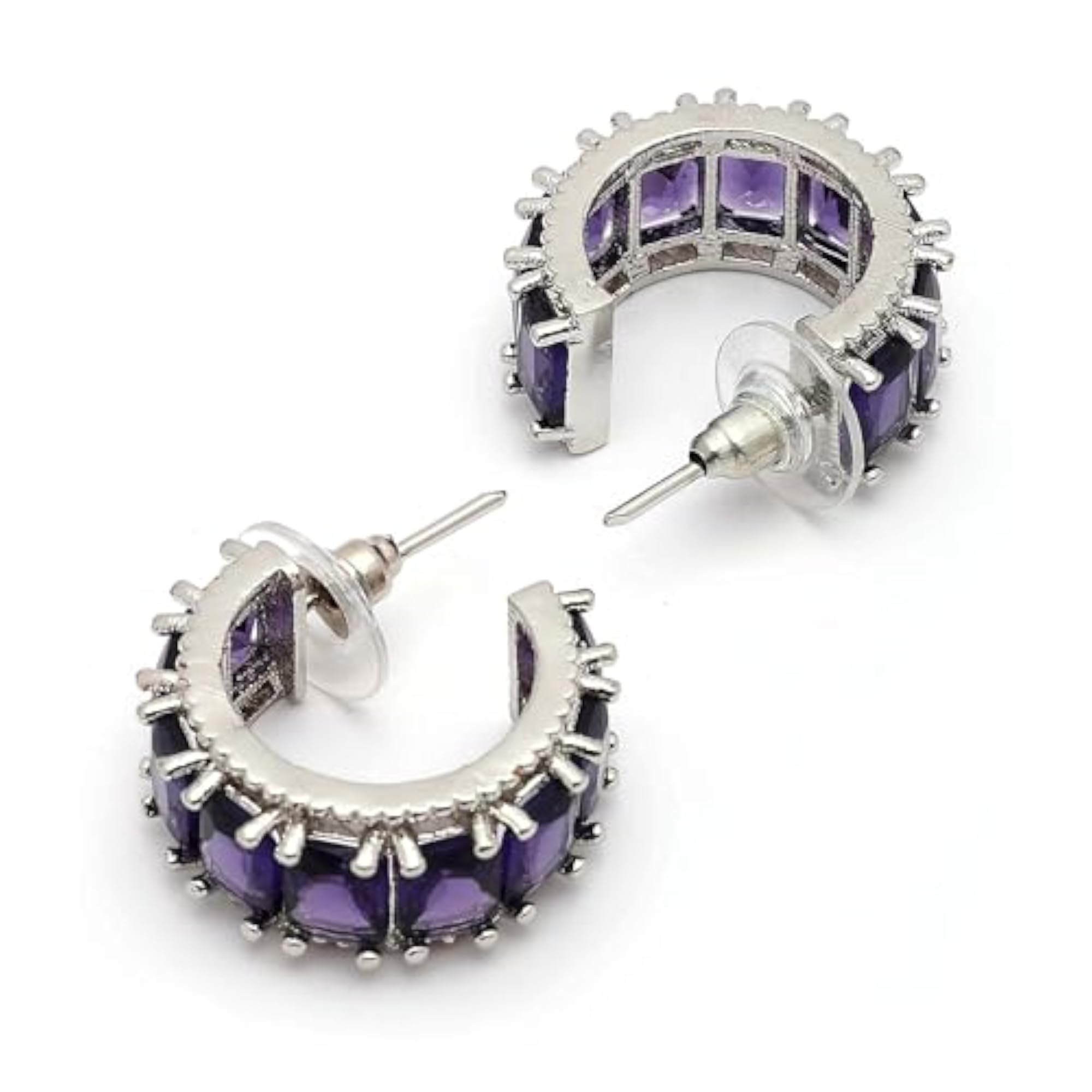 Women's Rhodium-Plated Rectangular Crystal Statement Hoop Earrings